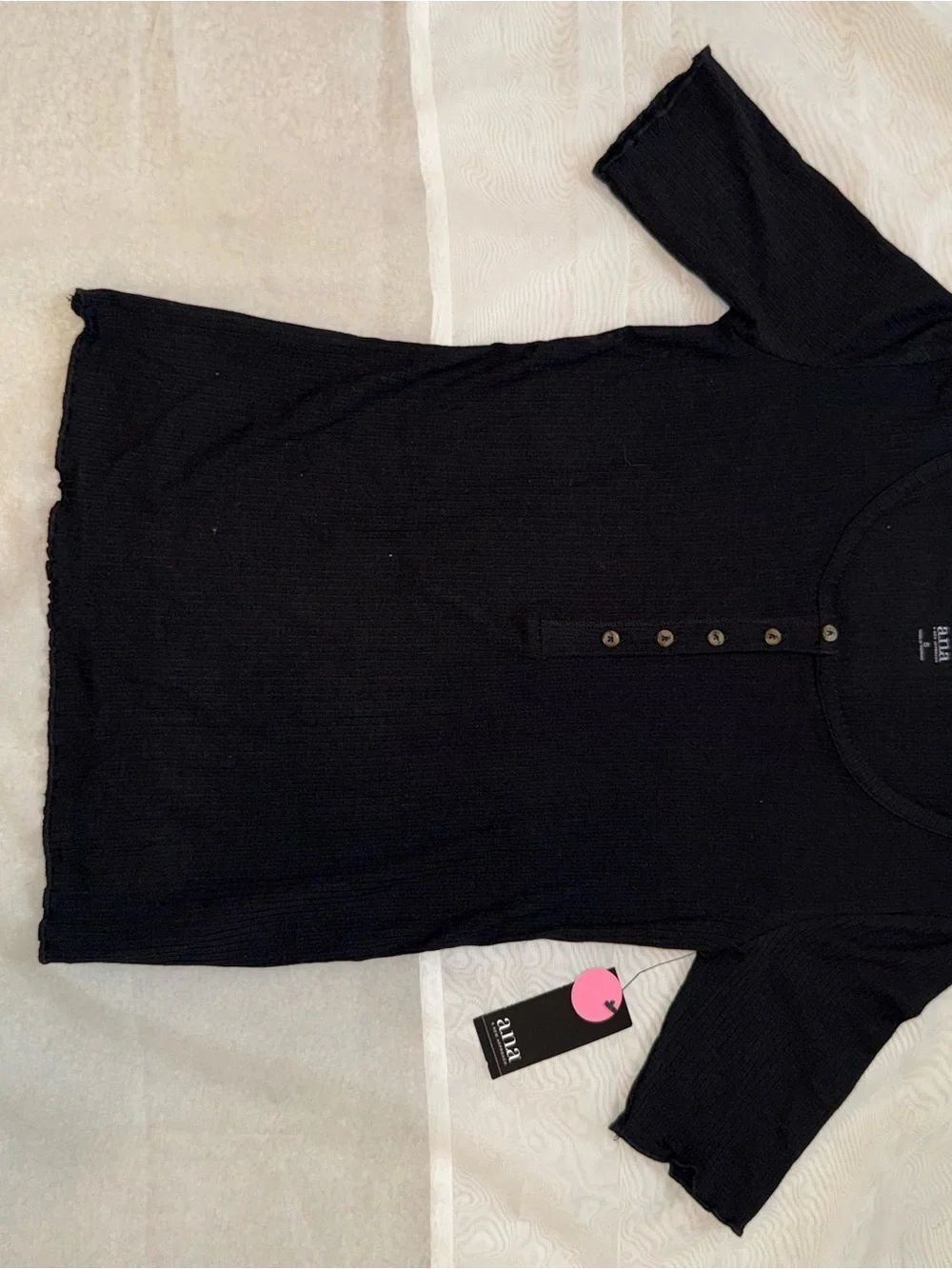 a.n.a Black Ribbed Button-Front Short Sleeve Top